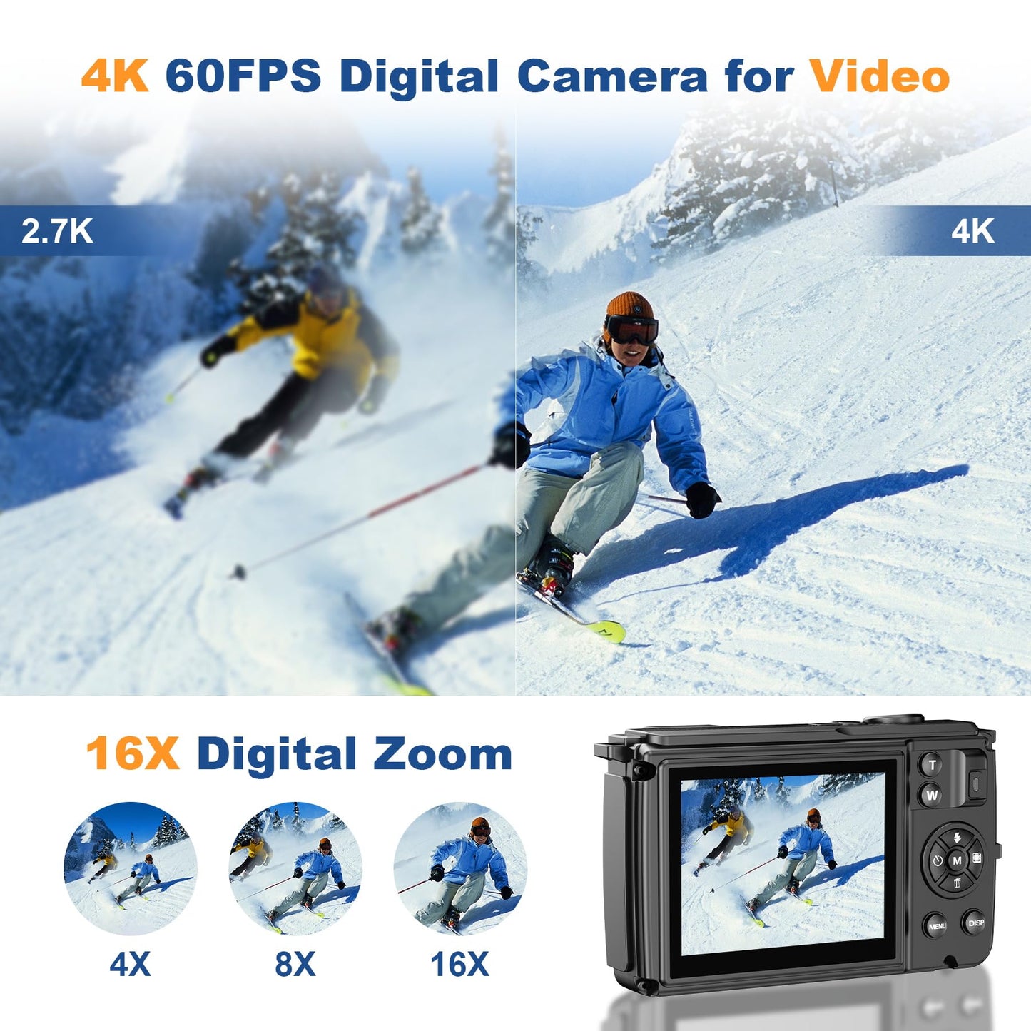 Digital camera, 4K 64MP photography camera, 18X Zoom vlogging camera for YouTube with WiFi, selfie dual screens, small compact camera with 32GB SD card, battery for adults, students, beginners.