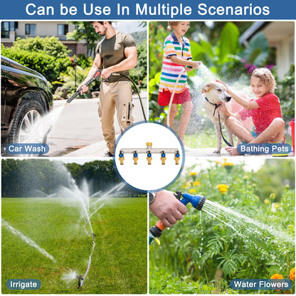 5-way water tap water distributor made of brass for 5 devices/garden hoses, 5-way distributor 3/4" adapter 1/2" with ball valve for adjusting and shutting off water flow.