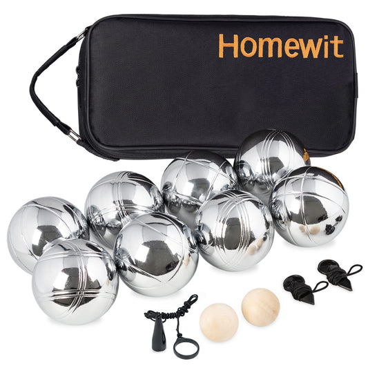 Bocce balls, petanque balls with 8 metal, 2 wood balls, 2 measuring devices, 1 boules ball magnet attachment & luxurious carry bag. Perfect for outdoor play in the garden or at the beach.