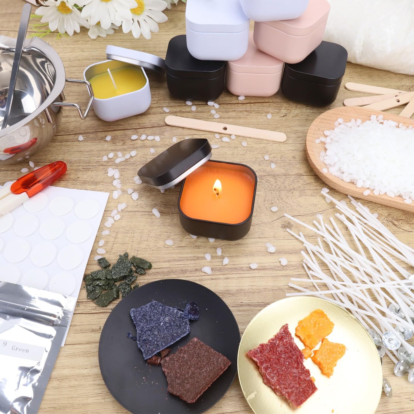 ALLAVA Candle Making Kit, DIY Kit for Adults, Candle Wax 1KG, 8 Candle Tins, Melting Pot 480ML, Candle Wicks, Candle Stickers, Wick Holder, DIY Set for Candle Making