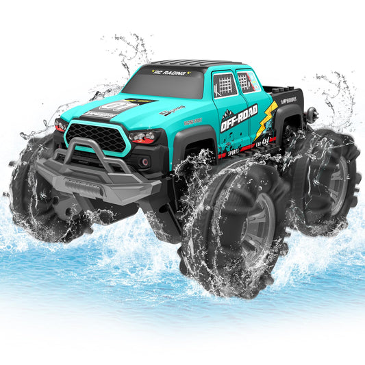 4WD Amphibious Remote Control Car, RC car waterproof with gesture sensor, LED light & 2 batteries, Gift for boys & girls 4-12 years old, Toy car for sand, water & terrain, Compatible with building blocks