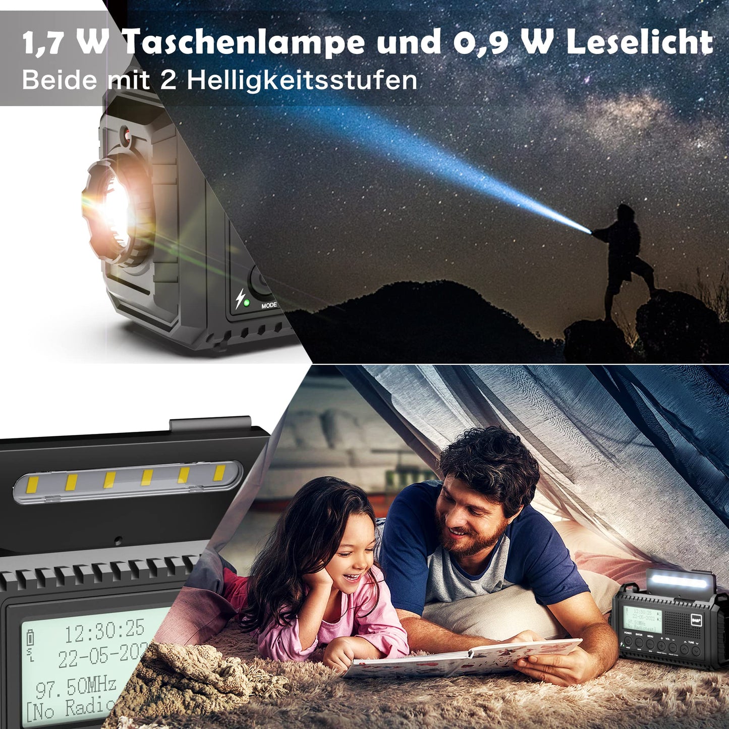 Crank radio DAB/FM, portable solar radio with LED flashlight & reading light, DAB+/FM dynamo radio IPX4, 5000mAh rechargeable emergency radio and SOS alarm. Suitable for hiking, camping, outdoor activities.