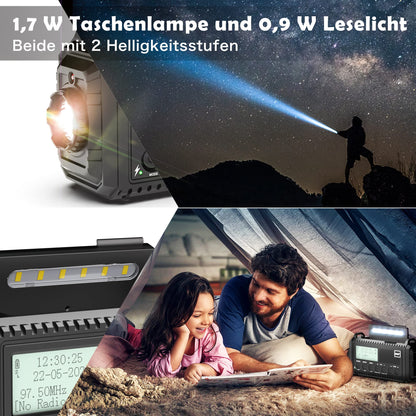 Crank radio DAB/FM, portable solar radio with LED flashlight & reading light, DAB+/FM dynamo radio IPX4, 5000mAh rechargeable emergency radio and SOS alarm. Suitable for hiking, camping, outdoor activities.