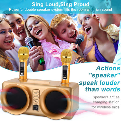 ALPOWL Karaoke Machine for kids and adults, portable Bluetooth speaker PA system with 2 UHF wireless microphones for home party, wedding, church, picnic, outdoor/indoor (Gold)