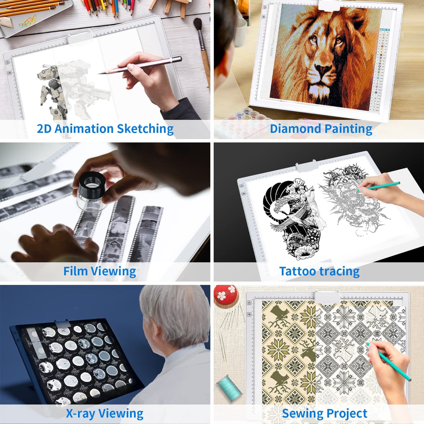 A3 light table, rechargeable LED light pad with 3 color modes and 6 brightness levels. Ideal for tracing, diamond painting, drawing, and sketching.