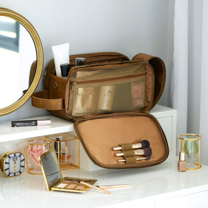 Elviros Men's Toiletry Bag, PU Leather Waterproof Travel Large Opening Toiletry Bag, Suitable for Travel, Business Trip, Gym, Bathroom, Khaki, Size: L