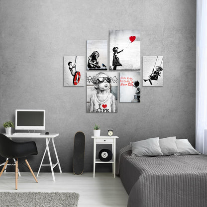 Novart Wall Art Set Banksy Collage Street Art Gray - NO EXTRA FRAME NEEDED - Modern Decor - Living Room Office Loft N003163a
