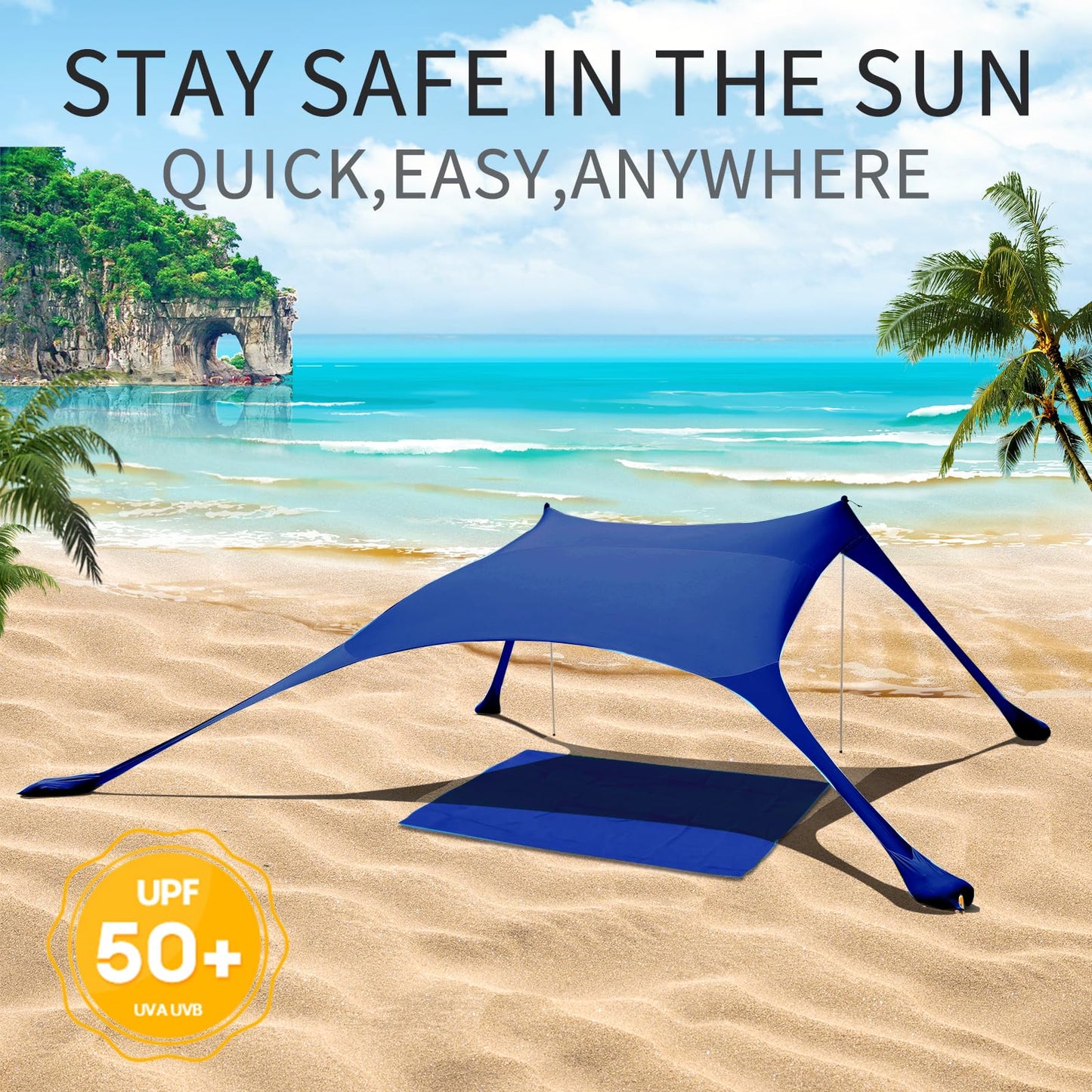 Cuupo Beach Tent, Pop-Up, 2x2.1m, SPF 50, Lycra, sun protection, outdoor, anti-wind, sun shelter with stability poles, backyard with beach blanket Navy Blue