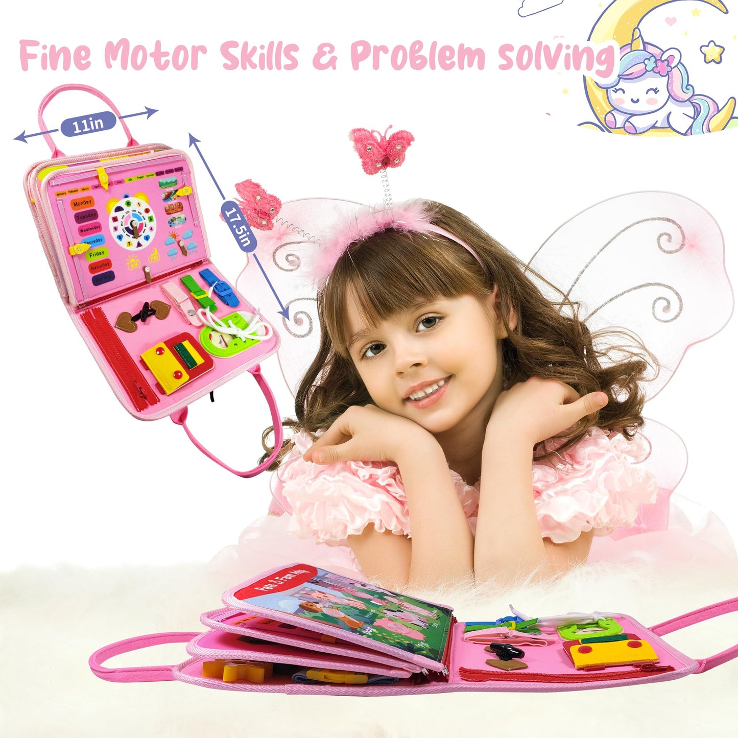 TenFans Busy Board - Montessori toy for 1-4 year olds - Sensory toys - Gifts for girls to learn fine motor skills - Educational activities travel toy for car and airplane