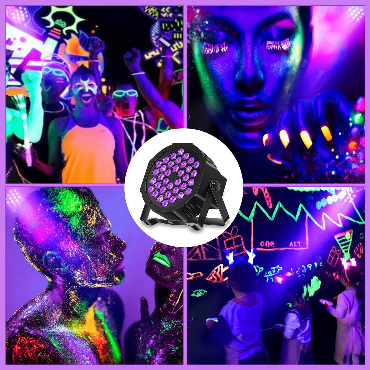 4 Blacklight UV Par Lights 36 LED DMX512 with remote control black light lamp with color changing via sound/auto disco light for DJ party bar Halloween wedding artistic photos.