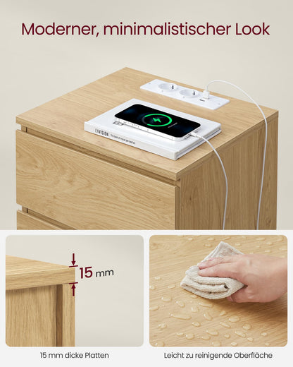 VASAGLE Kailyn Collection - Nightstand with Power Strip, Side Table, 3 Drawers, 2 AC Outlets, 2 USB-A Ports, Modern, Straw Yellow LET631Y70