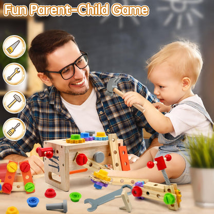 Toolbox for kids 2 3 4 years old, Montessori wooden toy tool set workbench learning games hammering toy screwdriving game gifts for boys girls 3 years old and up