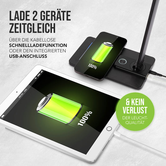 SMARTIVE | Design desk lamp with wireless charging function - LED office lamp with 10W wireless charging - eye-friendly dimmable light and cable-free charging | black desk lamp + USB output