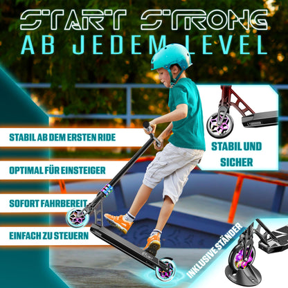 KESSER® Stunt Scooter GT-Limit 360° steering fun scooter stunt scooter with stand ABEC 9 bearings, 110 mm PU wheels, kick scooter push scooter trick roller for kids adults.