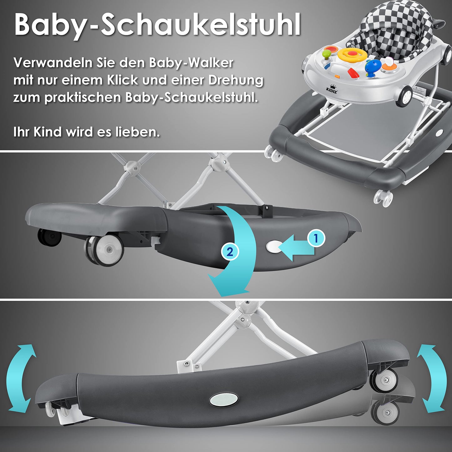 KIDIZ® 4in1 Baby walker activity center - rocker, walker, highchair, and play center with wheels, lights, music, and games. Suitable for babies from 6 months old. Foldable.