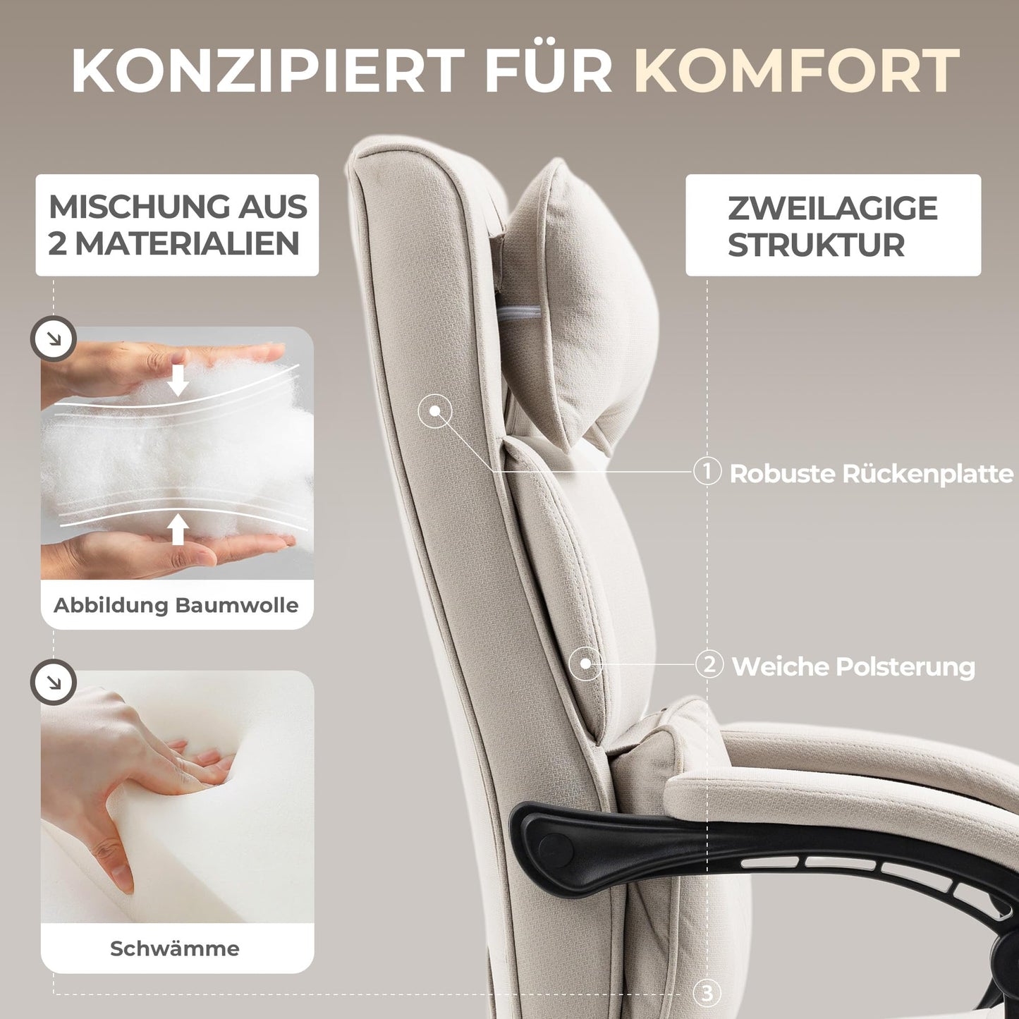 Dowinx ergonomic office chair with footrest and padded armrest, ergonomic fabric office chair, swivel computer chair with high backrest, adjustable height office chair 150 KG beige.