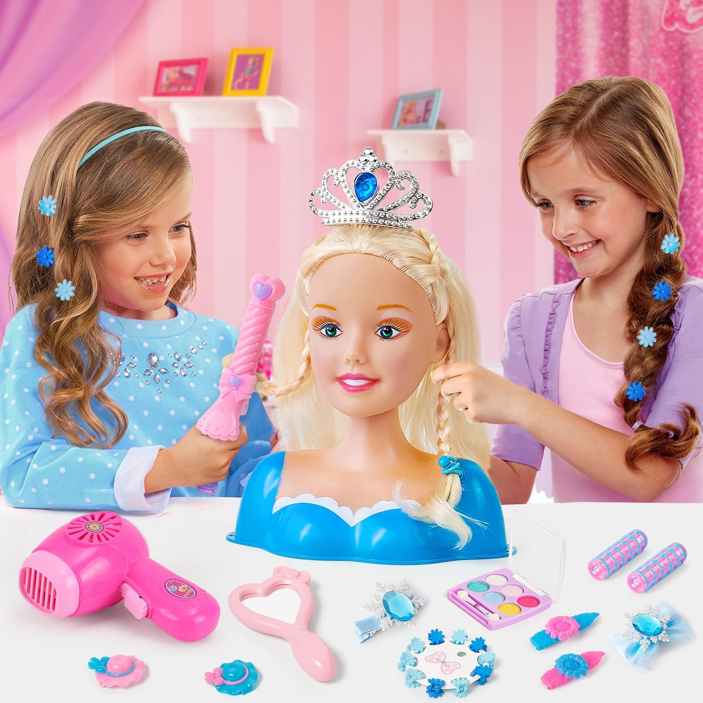 52PCS Makeup Doll Styling Head Kids Mannequin Head with Crown Hairdryer Straightener Hairpins Makeup Hair Styling Accessories Hairdressing Children's Makeup Toy Gift for Girls aged 3 4 5 6 years