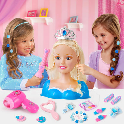 52PCS Makeup Doll Styling Head Kids Mannequin Head with Crown Hairdryer Straightener Hairpins Makeup Hair Styling Accessories Hairdressing Children's Makeup Toy Gift for Girls aged 3 4 5 6 years