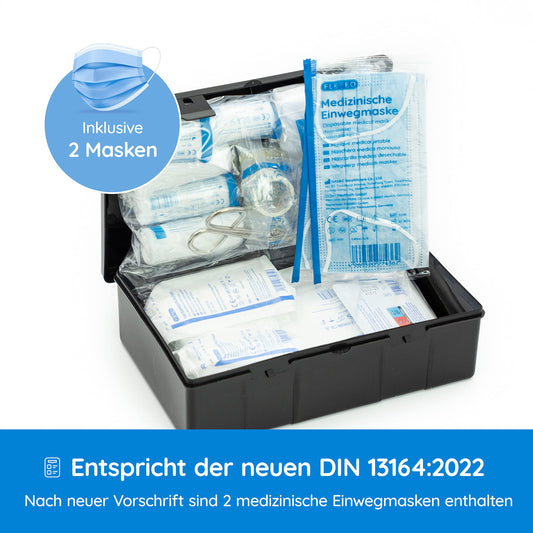 2-piece vehicle first aid kit according to the current DIN 13164:2022 | includes 2 med. face masks each | Valid for 2025 according to StVZO | First aid kit for car/motorcycle | Black