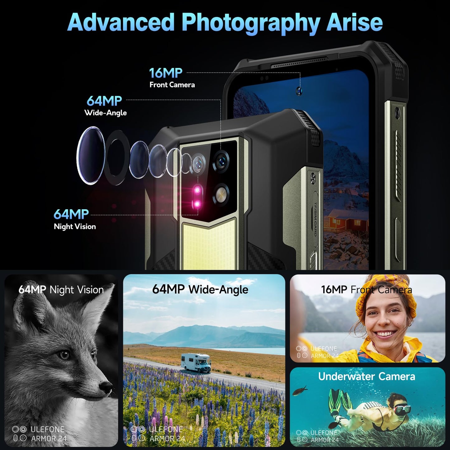 Ulefone Armor 24 outdoor phone with 1000 lumen flashlight, Android 14, 24GB+256GB/2TB SD, 64MP+64MP+16MP night vision, 120Hz 6.78" FHD+ IP68 smartphone, 4G dual SIM/NFC/fingerprint ID GPS OTG.