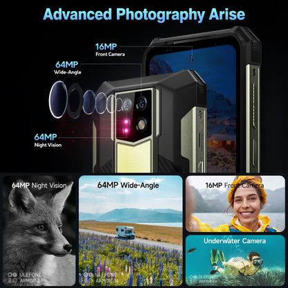 Ulefone Armor 24 outdoor phone with 1000 lumen flashlight, Android 14, 24GB+256GB/2TB SD, 64MP+64MP+16MP night vision, 120Hz 6.78" FHD+ IP68 smartphone, 4G dual SIM/NFC/fingerprint ID GPS OTG.