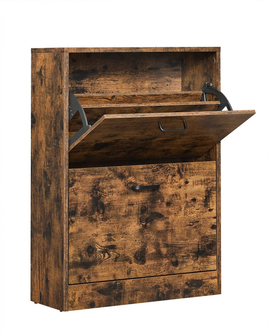VASAGLE shoe cabinet with 2 flaps, shoe rack, adjustable and removable partitions, for 12 pairs of women's shoes or 8 pairs of men's shoes, small hallway, 60 x 24 x 83.5 cm, vintage, dark brown LBC02BX.