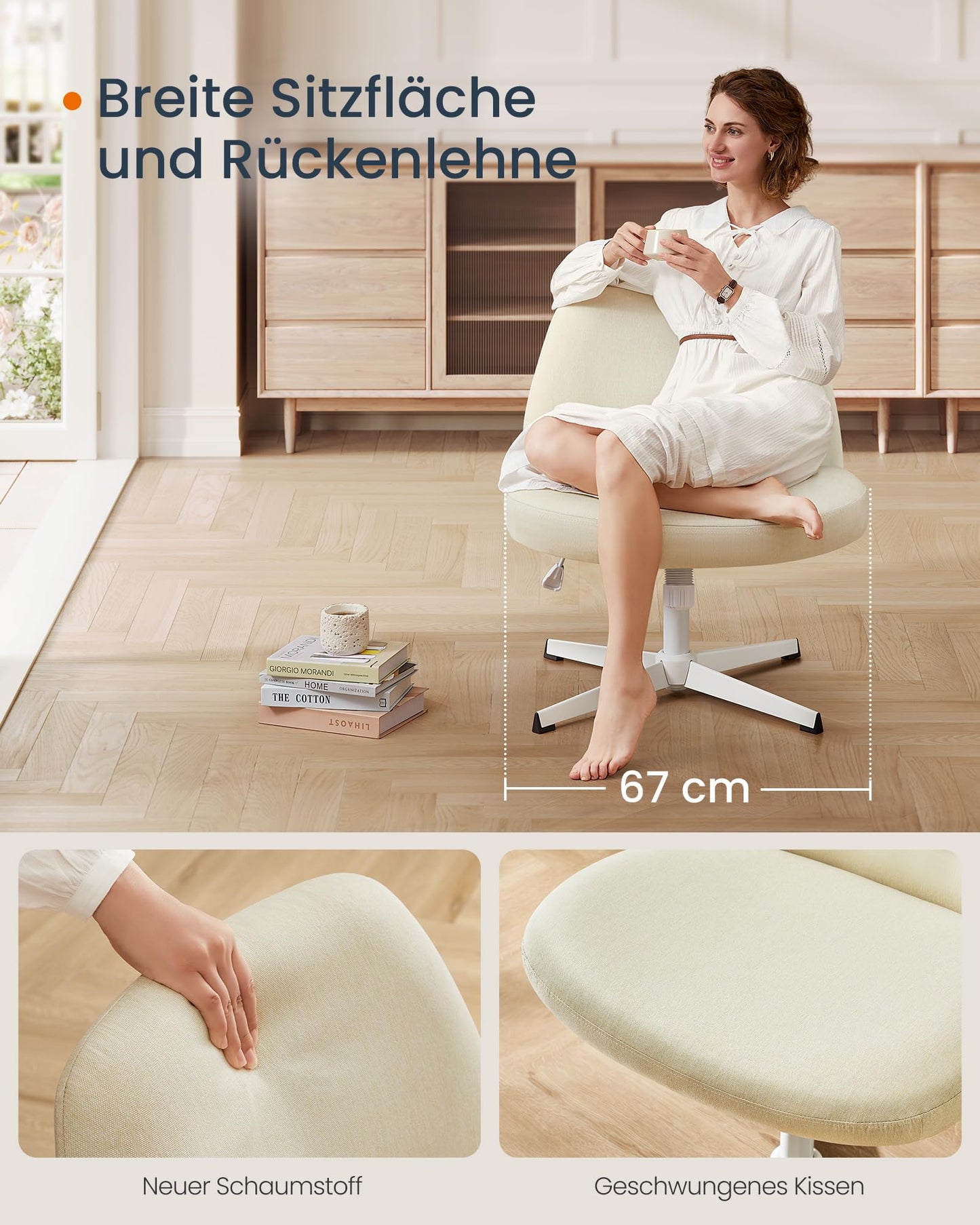 SONGMICS HOME Tailor's Chair, Makeup Chair, Armless Swivel Chair, Desk Chair, Wide Seat, Modern with Cross Base, Adjustable Height, Tilt Function, Cream White OBG046W01