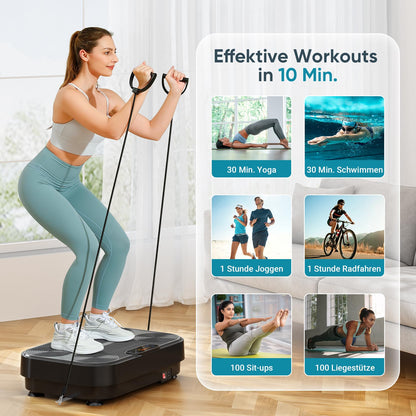 The THERUN vibration plate is a home sports vibrating plate with 1-99 different vibration intensities. It is perfect for muscle building, fat loss, and full body training. Comes with 4 fitness bands in black.