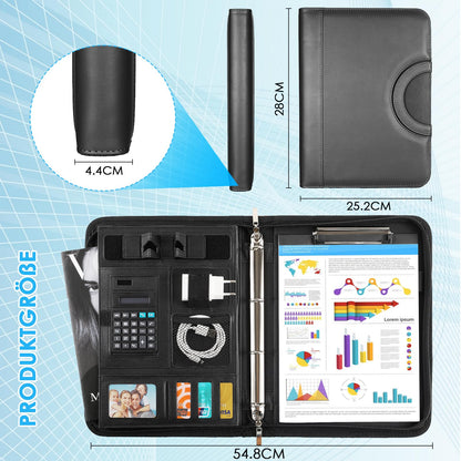 A4 writing case, A4 conference folder with phone holder, leather document folder with zipper, waterproof file folder with ring binder clipboard notepad, portfolio folder for business meeting, black.