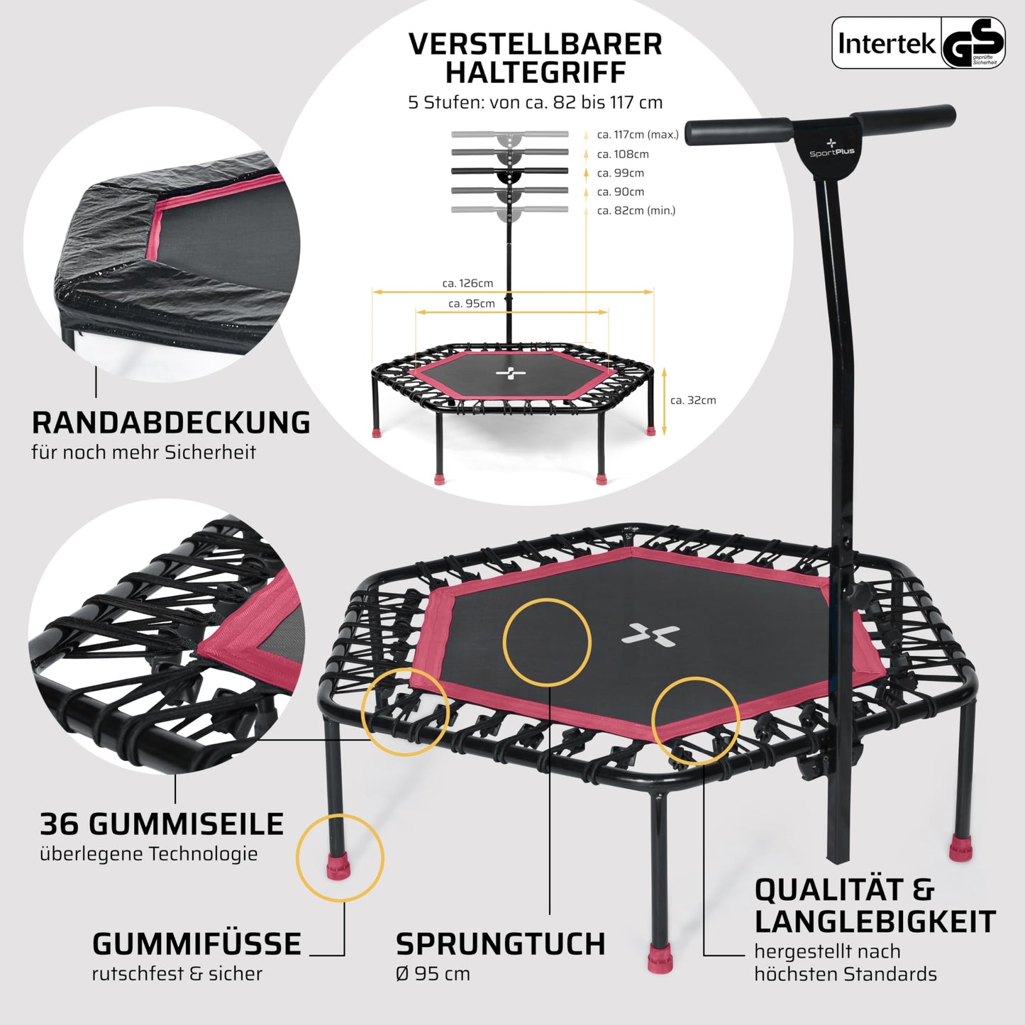 SportPlus Fitness Trampoline for home use, trampoline with adjustable handlebar, bungee suspension, workout & cardio training, premium quality Designed in Germany, 130kg capacity.