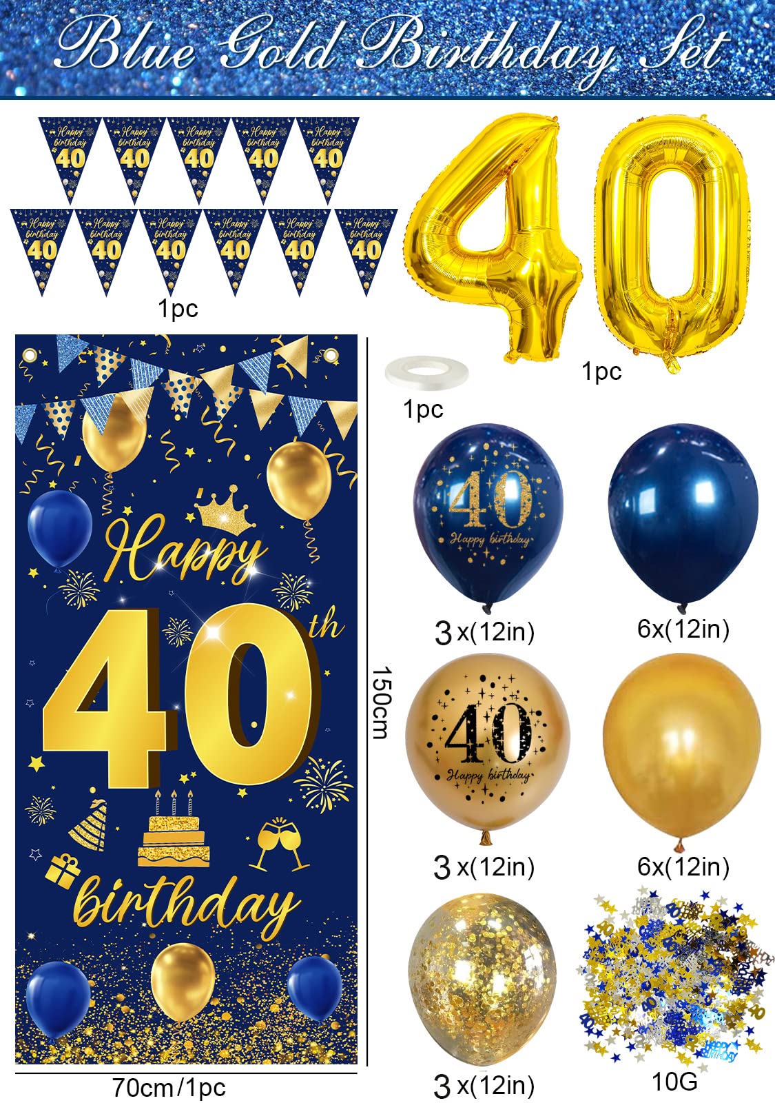 40th Birthday Decorations Banner & Garland - Blue-Gold, Balloons & Confetti