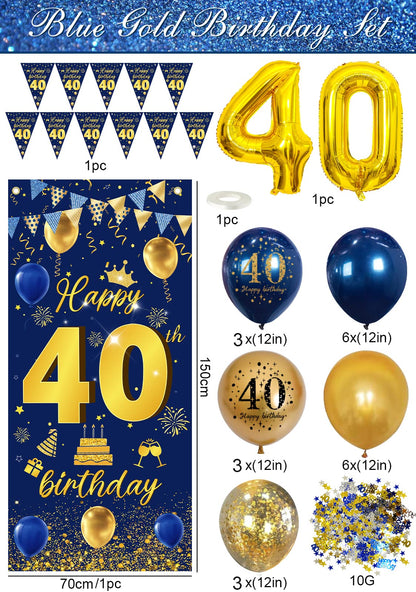 40th Birthday Decorations Banner & Garland - Blue-Gold, Balloons & Confetti