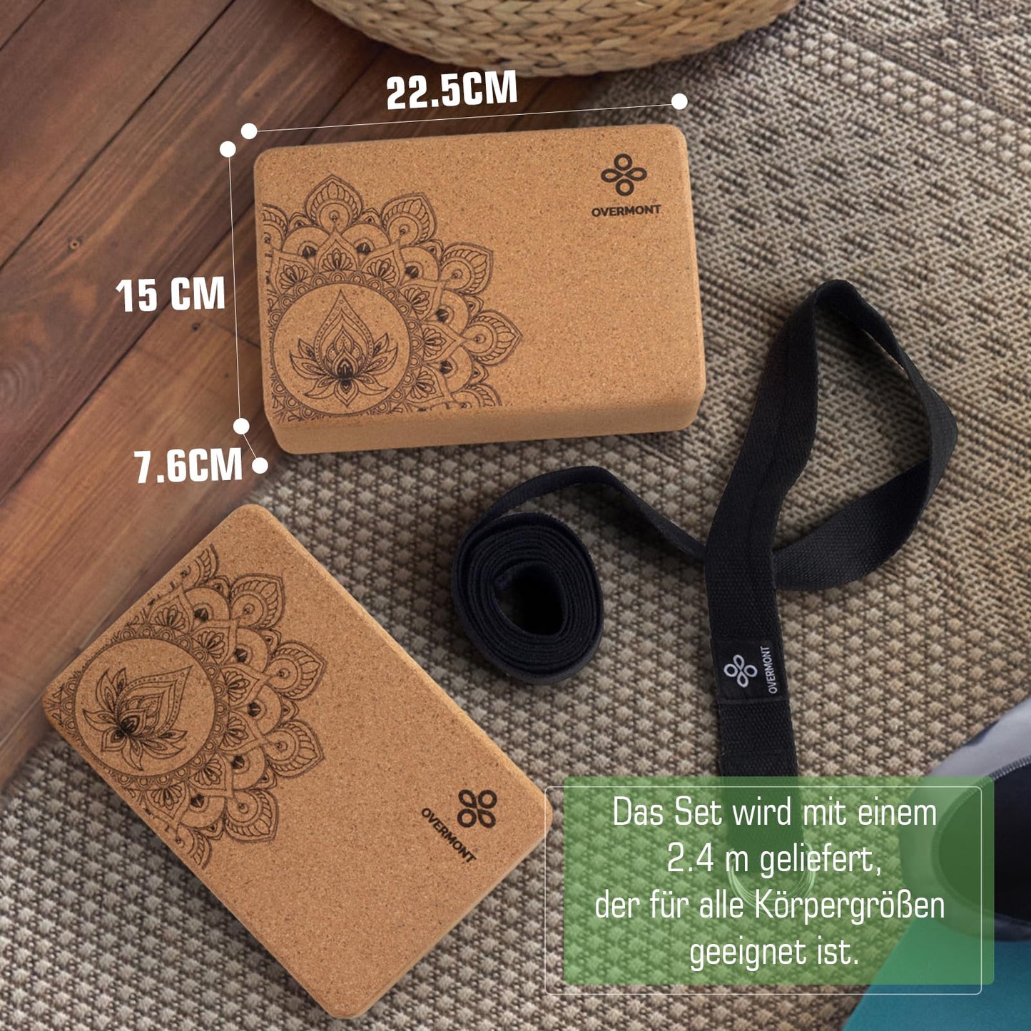 Overmont Yoga Blocks Cork 2 Pack Yoga Block with Yoga Strap - Cork Block for Fitness, Pilates, Stretching, and Meditation.
