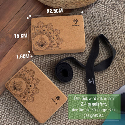 Overmont Yoga Blocks Cork 2 Pack Yoga Block with Yoga Strap - Cork Block for Fitness, Pilates, Stretching, and Meditation.