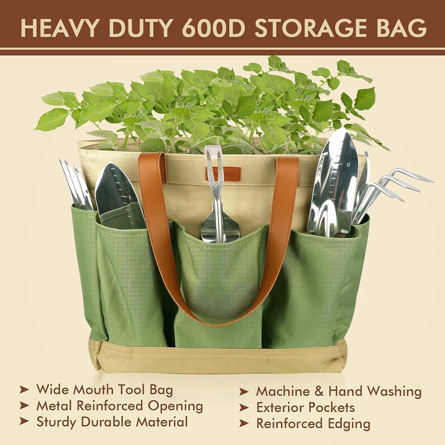 YAUNGEL Garden Tool Set, 10 Piece Heavy Duty Stainless Steel Gardening Kit with Non-Slip Wooden Handle- Garden Gifts Packaging for Women Men, Green