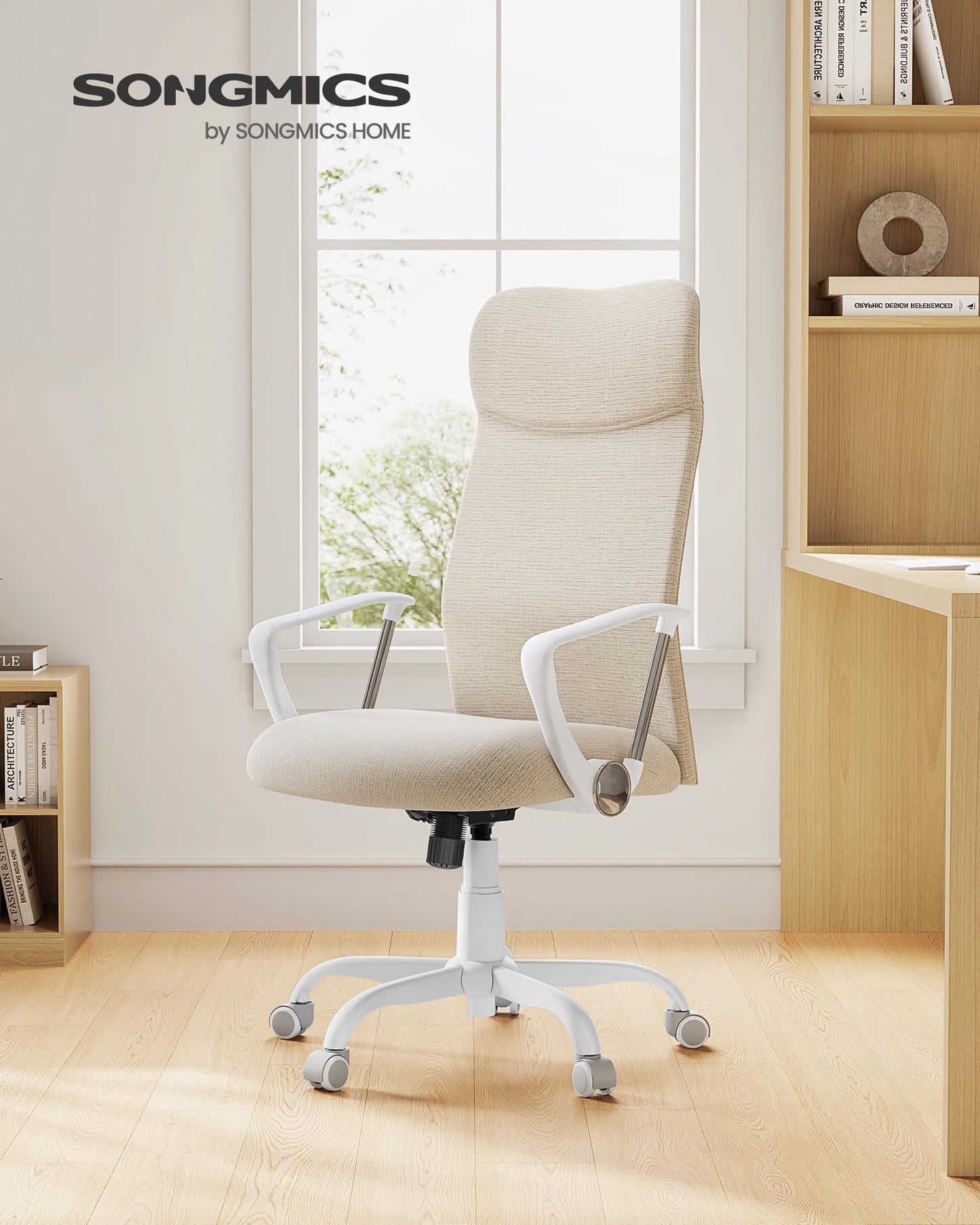 SONGMICS office chair, ergonomic desk chair, swivel chair, padded seat, height adjustable and tiltable, up to 120 kg load capacity, cappuccino beige OBN034K01