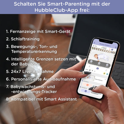 Hubble Connected Nursery Pal SkyView Baby Monitor comes with Camera, 5" Screen, Cot Mount, 7 Colour Night Light, Infrared Night Vision, Two-Way Call, Room Temperature Sensor, and smartphone app.