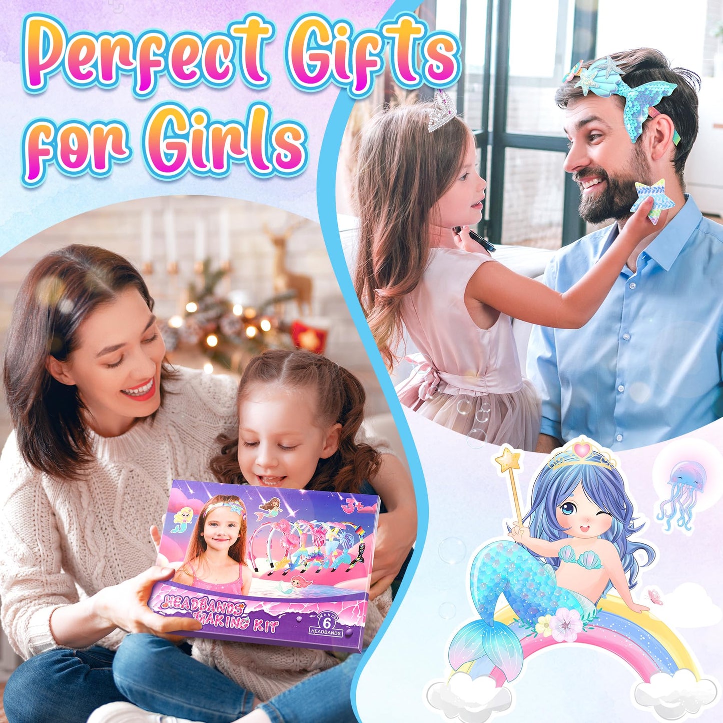 Pourbibi DIY headband making kit for girls, ages 5-12. Mermaid themed, perfect hair accessory for kids. Great gift idea! Craft toy.