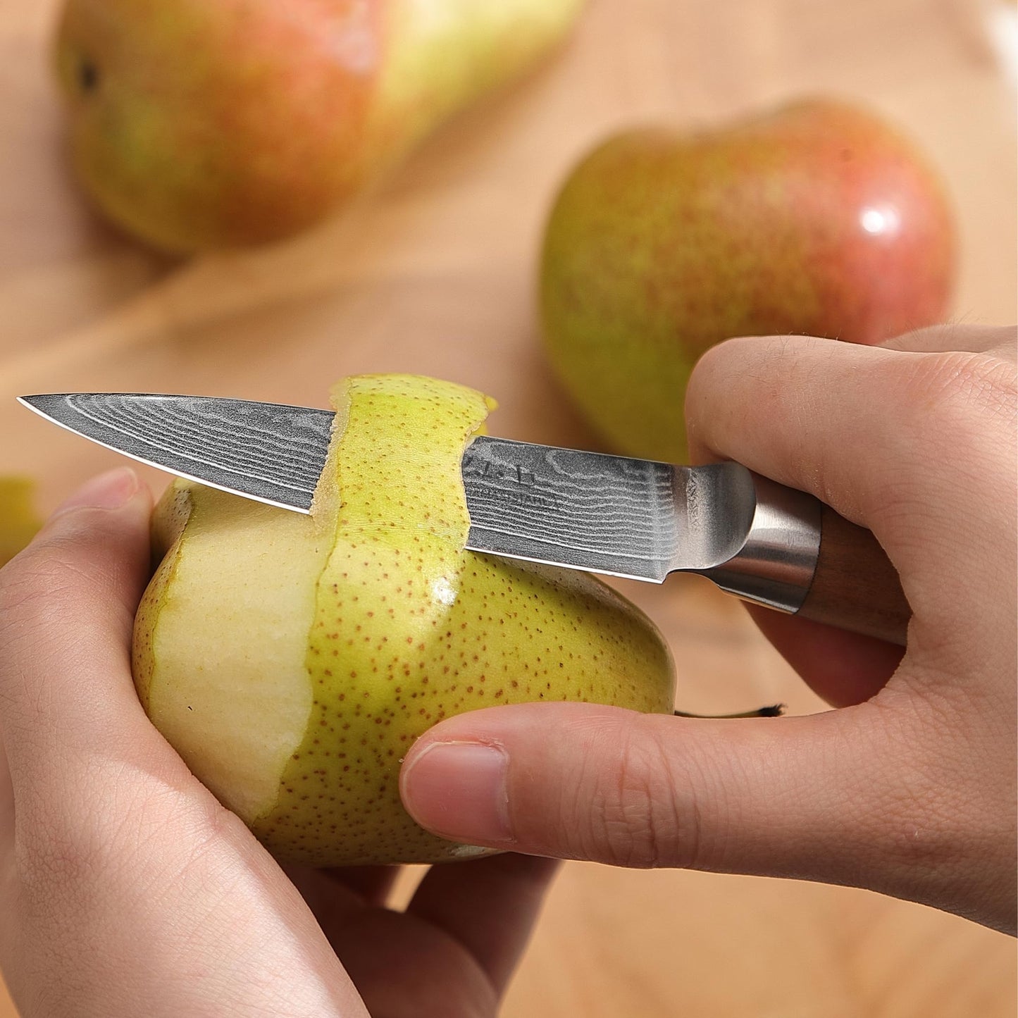 Wakoli Olive Damascus Office Knife | 8.5 cm blade made of 67 layers of Damascus steel with VG10 core | ergonomic olive wood handle | for fruits, vegetables & herbs | in gift box for professional & hobby chefs
