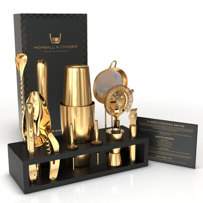Highball & Chaser bartender set with black bamboo stand, elegant cocktail shaker set and bar tools, stainless steel, Boston shaker, bartender kit with stand (antique gold)