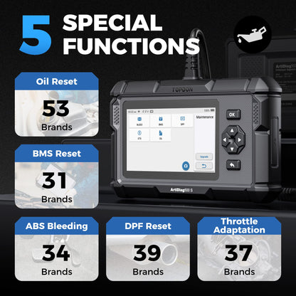 TOPDON OBD2 Diagnostic Tool Auto AD500S, 4 diagnostics for ABS SRS engine and transmission, 5 service functions for oil, BMS, ABS, DPF, and throttle body adjustment, free lifetime upgrade.