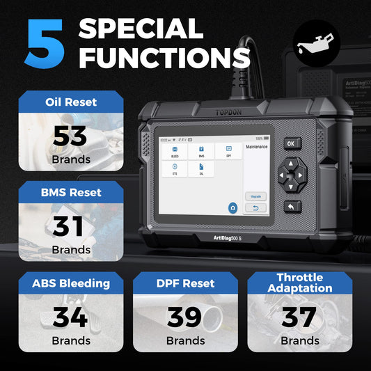 TOPDON OBD2 Diagnostic Tool Auto AD500S, 4 diagnostics for ABS SRS engine and transmission, 5 service functions for oil, BMS, ABS, DPF, and throttle body adjustment, free lifetime upgrade.
