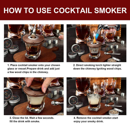 Cocktail Smoker Kit, comes with 4 cans of smoked wood chips. Old Fashioned Smoker Kit used for smoky cocktails, wine, whiskey, coffee, cheese, meat with.