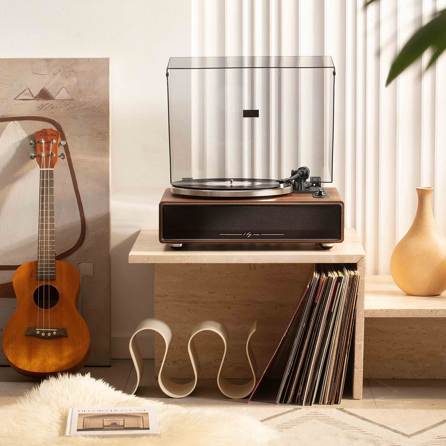 1 by ONE Turntable with Built-in Speakers Bluetooth 33/45 RPM Belt Drive MM Vinyl Record Player with Auto-Stop Function Phono Preamp