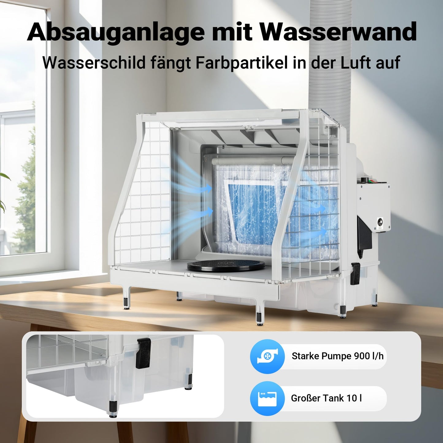 XPOtool airbrush extraction system with water wall 11m³/min, waterfall water shield with LED, and fan for extracting paint mist, high-quality spray booth for airbrush work.