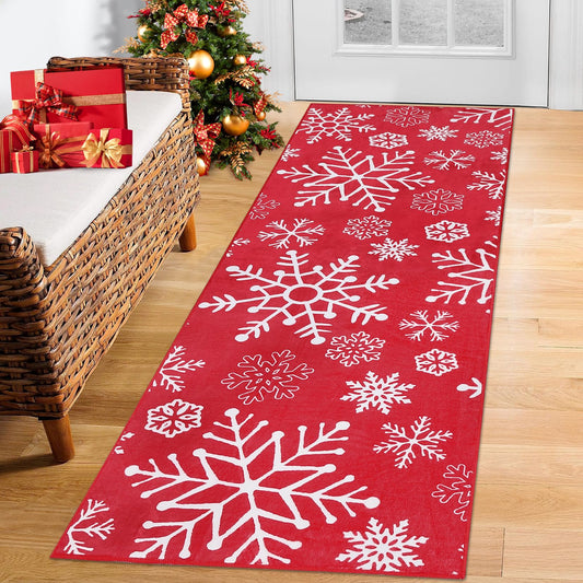 LuxFocus Runner, 60 x 180 cm, Christmas decoration, rug for hallway, Christmas, indoor decor, soft red carpet, snowflake pattern, kitchen, hallway, runner, machine washable, non-slip, 60