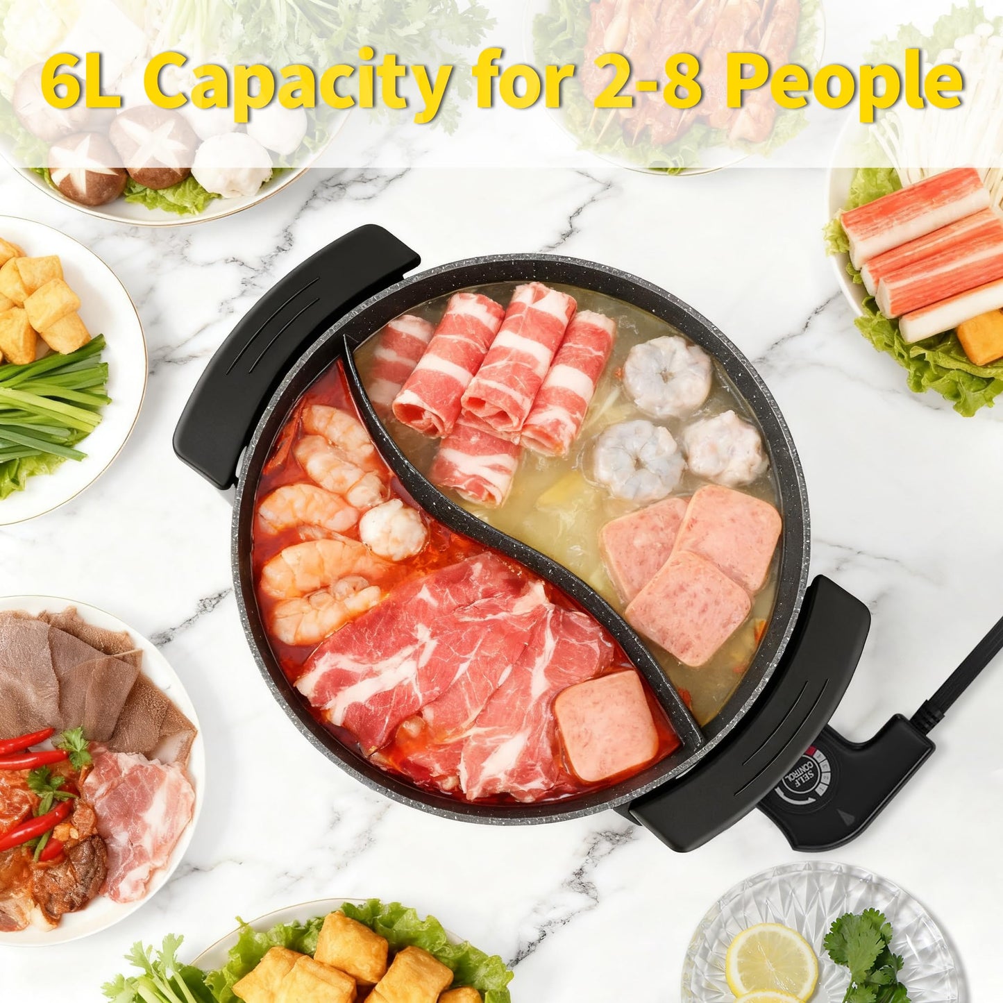 Food Party Electric Hot Pot 6L Electric Cooker 220V 1200W Double-Sided Electric Wok with Lid Chinese Hot Pot Fondue