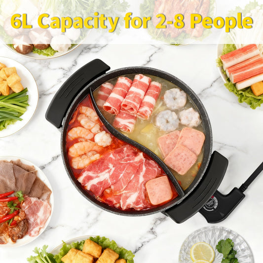 Food Party Electric Hot Pot 6L Electric Cooker 220V 1200W Double-Sided Electric Wok with Lid Chinese Hot Pot Fondue