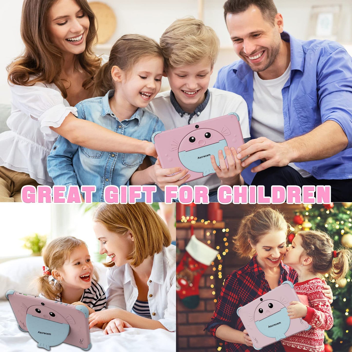 10-inch Android children's tablet with WiFi, dual camera, IPS display, quad-core processor, and 32GB storage. Suitable for kids aged 3-14, with a child-proof case.