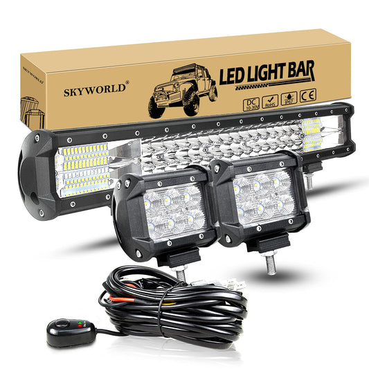 LED work light bar SKYWORLD 50cm 288W Lightbar LED spotlight combo auxiliary light 12V 24V + 2 x 10cm 18W off-road floodlight reverse lights with wiring harness for 4x4 trucks, cars, tractors, SUVs.